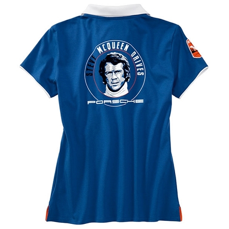 Porsche Ladies Steve McQueen Le Mans Blue Polo Shirt with Artwork by Nicolas Hunziker